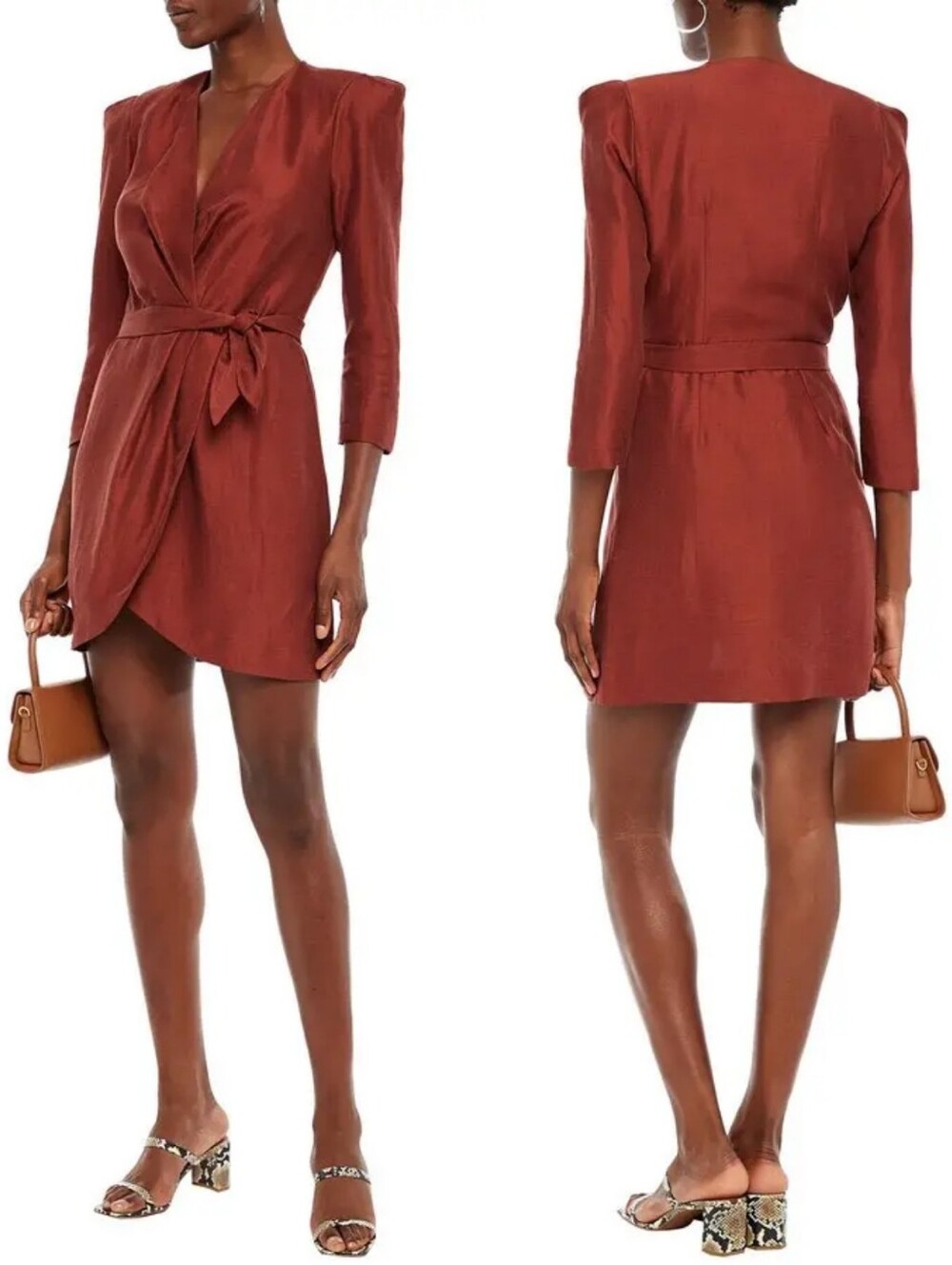 SANDRO Vera Shantung Mini Wrao Dress In Brick 8.
